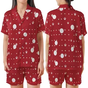 Great Dane XLarge Dog Pajama Pattern: Red Polka Dot Paw Print Digital Download with Zipper - A4/Letter/Poster Print Satin Short-Sleeve Pajamas Set