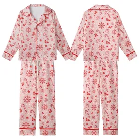 Women's Pastel Pink Candy Cane, Snowflake, & Holly Christmas Loungewear Pajama Set Kid Satin Pajamas Set