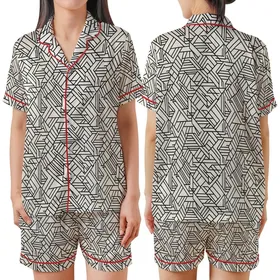 Women's Abstract Geometric Stripe Cotton Sleep Set: Black & Off-White Sharp Line Design Satin Short-Sleeve Pajamas Set