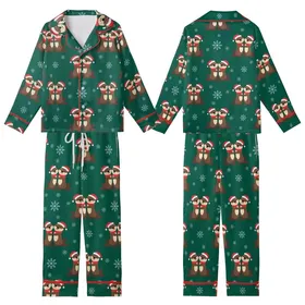 Couples Playful Otter Pun Christmas Sleep Set: Santa Hat Otters & Snowflakes - Forest Green Loungewear Kid Satin Pajamas Set