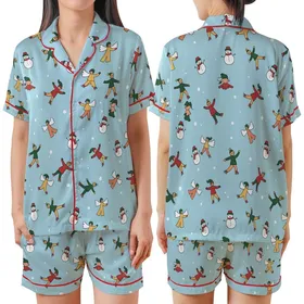 Festive Winter Fun: Hand-Drawn Snow Angels, Skaters, Snowmen Pattern - Cheerful Sky Blue Design Satin Short-Sleeve Pajamas Set