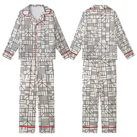 Women's Abstract Geometric Stripe Cotton Sleep Set: Black & Off-White Sharp Line Design Kid Satin Pajamas Set