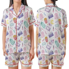 Girls' & Tweens' Slumber Party Pajamas: Whimsical Popcorn, Sleep Mask & Watercolor Elements Satin Short-Sleeve Pajamas Set
