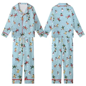 Festive Winter Fun: Hand-Drawn Snow Angels, Skaters, Snowmen Pattern - Cheerful Sky Blue Design Kid Satin Pajamas Set