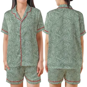 Bridesmaid Love Sage Green Seamless Continuous Rose Leaf Line Art Satin Short-Sleeve Pajamas Set