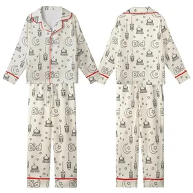 Playful Eid Celebration: Hand-Drawn Mosque & Moon Outline Art Print Kid Satin Pajamas Set
