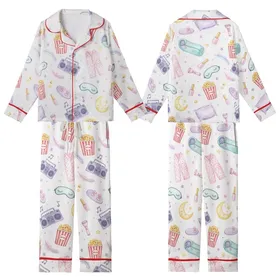 Girls' & Tweens' Slumber Party Pajamas: Whimsical Popcorn, Sleep Mask & Watercolor Elements Kid Satin Pajamas Set