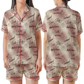 Bridesmaid & Bride Satin Sleep Set: Script Pattern, Rose Gold & Pink - Camisole Loungewear Kid Satin Pajamas Set
