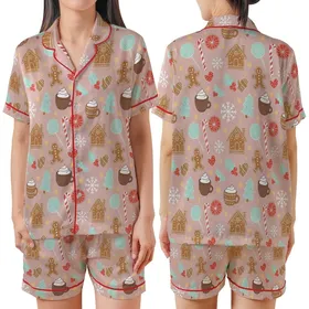 Women's Cozy Muted Pink Gingerbread Sleep Set: Festive Cookie, Holly & Candy Cane Print Satin Short-Sleeve Pajamas Set