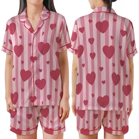 Ladies Personalized Pastel Rose Pink Vertical Stripe All-Over Heart Print Long Jersey Sleep Set Satin Short-Sleeve Pajamas Set
