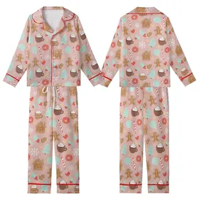 Women's Cozy Muted Pink Gingerbread Sleep Set: Festive Cookie, Holly & Candy Cane Print Kid Satin Pajamas Set