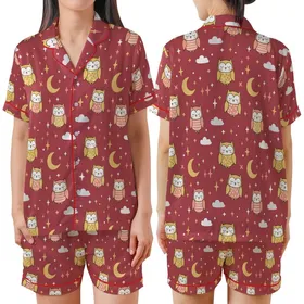 Family Matching Pajamas: Whimsical Sleeping Owls & Starry Night Print - Soft Poly Spandex Set Satin Short-Sleeve Pajamas Set