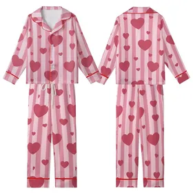 Ladies Personalized Pastel Rose Pink Vertical Stripe All-Over Heart Print Long Jersey Sleep Set Kid Satin Pajamas Set