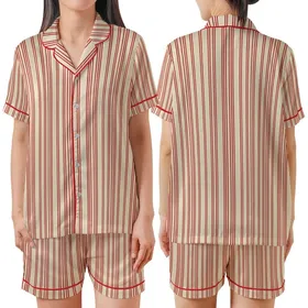Family Christmas: Cream & Red Triple Vertical Stripe Polyester Spandex Pajamas Set Satin Short-Sleeve Pajamas Set