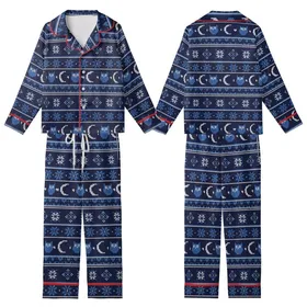 Scandinavian Fair Isle Night Owl Pajamas: Navy Blue Owl, Moon & Star Pattern Kid Satin Pajamas Set