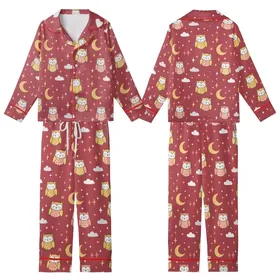 Family Matching Pajamas: Whimsical Sleeping Owls & Starry Night Print - Soft Poly Spandex Set Kid Satin Pajamas Set