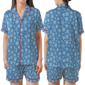 Family Holiday: Vibrant Blue Snowflake Pattern, White Winter Flakes - Polyester Spandex Sleep Set Satin Short-Sleeve Pajamas Set