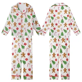 Family Matching Long Sleeve Sleep Set: Whimsical Gingerbread & Christmas Pattern - Soft Polyester Spandex Kid Satin Pajamas Set