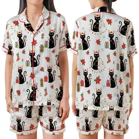 Matching Family Christmas Pajamas: Whimsical Black Cat, Poinsettia & Snowflake Design - Soft Poly Spandex Satin Short-Sleeve Pajamas Set