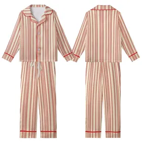 Family Christmas: Cream & Red Triple Vertical Stripe Polyester Spandex Pajamas Set Kid Satin Pajamas Set