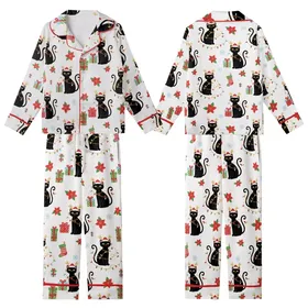 Matching Family Christmas Pajamas: Whimsical Black Cat, Poinsettia & Snowflake Design - Soft Poly Spandex Kid Satin Pajamas Set