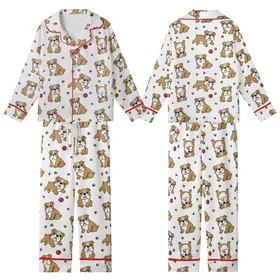 Bulldog Lover Pajamas: Playful Fawn Cartoon Dog All-Over Print Cozy Sleep Set Kid Satin Pajamas Set