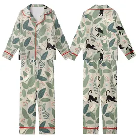 Women's Whimsical Black Cat Botanical Pajama Set: Sage Floral Silhouette Sleepwear Kid Satin Pajamas Set