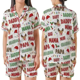 Festive  Pattern: Glitter Knit Leopard Reindeer Santa Holly Lights Satin Short-Sleeve Pajamas Set
