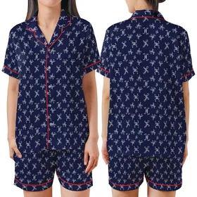 Refined Individuals' Dark Navy White Intertwined E M Script Monogram Repeating Pattern Satin Short-Sleeve Pajamas Set