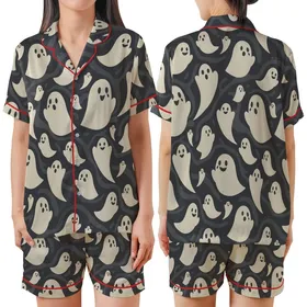 Women's Playful Ghost Sleep Set: Whimsical Hand-Drawn Halloween Polyester Spandex Pajamas Satin Short-Sleeve Pajamas Set
