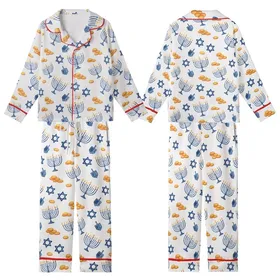 Families' Festive Hanukkah Watercolor Pattern with Blue Menorahs, Dreidels, Stars, Golden Gelt Kid Satin Pajamas Set