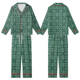 Women's Emerald Green Monogram Satin Sleep Set – Cream Abstract Filigree Loungewear Kid Satin Pajamas Set