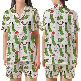 Family's Funny Pickle Christmas Pajamas: Cartoon Santa Hat, Reindeer Antler & Lights Pattern Satin Short-Sleeve Pajamas Set