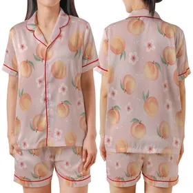 Women's Hand-Drawn Watercolor Peach Blossom Loungewear Pants: Blush Pink Comfy Polyester Sleepwear Satin Short-Sleeve Pajamas Set