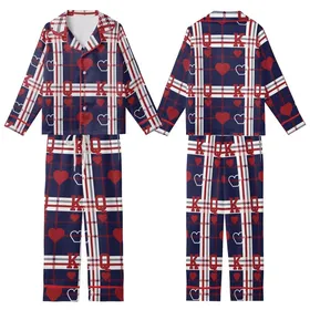 Couples' King Queen Heart Plaid Pattern Cotton Flannel Sleep Set Kid Satin Pajamas Set
