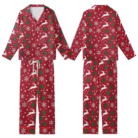 Women's Red Reindeer Snowflake Christmas Tree One-Piece Pajamas Kid Satin Pajamas Set