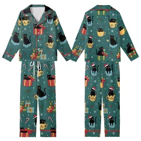Cat Lover's Teal Black Cat Christmas Pajama Set: Whimsical Santa Hat, Light & Gift Pattern Kid Satin Pajamas Set