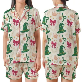 Family Wicked Whimsical Pajamas: Emerald Witch Hat & Fuchsia Bow Knit Set Satin Short-Sleeve Pajamas Set