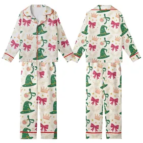 Family Wicked Whimsical Pajamas: Emerald Witch Hat & Fuchsia Bow Knit Set Kid Satin Pajamas Set