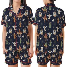 Whimsical Nativity Watercolor Pattern: Manger Scene Angels Wise Men Camels Fabric Print Satin Short-Sleeve Pajamas Set