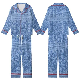 Women's Relaxed Hand Block Cotton Sleep Set: Rustic Pine Tree, Wave, Fish Folk Art Print Kid Satin Pajamas Set