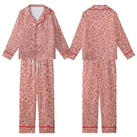 Women's Gentle Skin Loungewear: Rustic Terracotta Wildflower Print Bamboo Cotton Kid Satin Pajamas Set