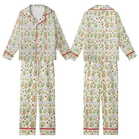 Childlike Aesthetic Adorers' Whimsical Hand-Drawn Teddy Bear Cottage Pattern: Light Brown, Pale Yellow on Creamy Off-White Kid Satin Pajamas Set