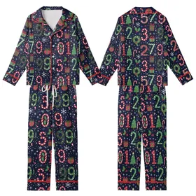 Holiday Enthusiasts' Whimsical Navy Blue Christmas Numerals Pattern with Holly Berries Snowflakes Candy Canes Kid Satin Pajamas Set