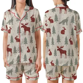Winter Season Lovers' Rustic Beige Red Plaid Animal Forest Muted Pine Tree Snowflake Pattern Satin Short-Sleeve Pajamas Set