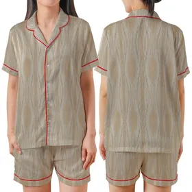 Women's Minimalist Ribbed Loungewear: Oatmeal Knit Texture Design Set Satin Short-Sleeve Pajamas Set