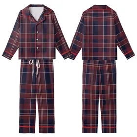 Classic Style Aficionados' Heritage Tartan Plaid Deep Maroon Navy Blue Cream Geometric Pattern Kid Satin Pajamas Set