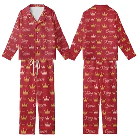 Royal Style Enthusiasts' Ruby Red King Queen Crown Matte Gold Rose Gold Script Seamless Pattern Kid Satin Pajamas Set