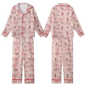 Women's Whimsical Pink Flamingo Christmas Sleep Set: Santa Hat & String Light Holiday Pattern Kid Satin Pajamas Set