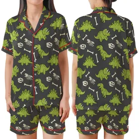 Dinosaur Lovers' Whimsical Lime Green Cartoon Dinosaur & Off-White Fossil Satin Short-Sleeve Pajamas Set